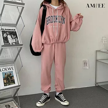 【AMIEE】韓系美式棉質休閒帽T2件套裝(5色/M-3XL/KDAQ-0178) L 粉色