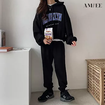 【AMIEE】韓系美式棉質休閒帽T2件套裝(5色/M-3XL/KDAQ-0178) 3XL 黑色