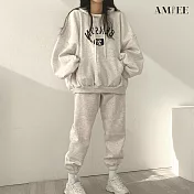 【AMIEE】韓系字母棉質休閒帽T2件套裝(3色/M-2XL/KDAQ-015) M 灰色