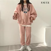 【AMIEE】韓系字母棉質休閒帽T2件套裝(3色/M-2XL/KDAQ-015) XL 粉色