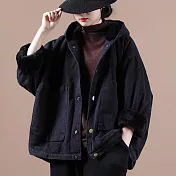 【ACheter】 復古韓版寬鬆連帽絨短款工裝長袖保暖外套# 120054 3XL 黑色