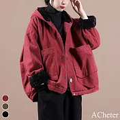 【ACheter】 復古韓版寬鬆連帽絨短款工裝長袖保暖外套# 120054 L 紅色