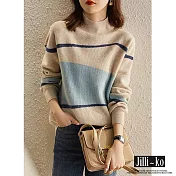 【Jilli~ko】洋氣針織衫女半高領色塊條紋寬鬆毛衣 J11278  FREE 藍色
