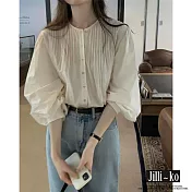 【Jilli~ko】白色燈籠袖褶皺襯衫女法式氣質圓領設計感 J11263  FREE 白色
