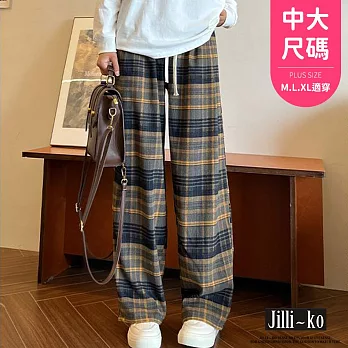 【Jilli~ko】復古毛呢格子闊腿褲女高腰寬鬆直筒長褲 J11305  FREE 黃色