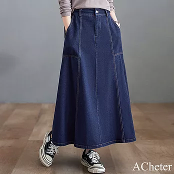 【ACheter】 加厚中長款牛仔高腰氣質A字顯瘦大擺裙# 120114 M 牛仔藍色