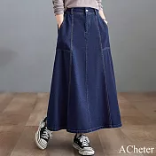 【ACheter】 加厚中長款牛仔高腰氣質A字顯瘦大擺裙# 120114 XL 牛仔藍色