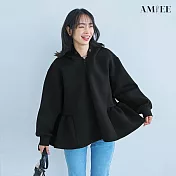 【AMIEE】日系蓬鬆荷葉下擺加厚保暖連帽外套(2色/FREE/KDCQ-7701) F 黑色