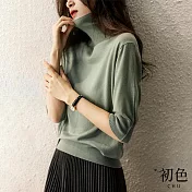【初色】純色五分袖高領短版針織衫打底內搭上衣-共3色-90151(F可選) F 綠色