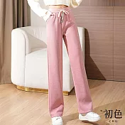 【初色】大碼高腰直筒顯瘦保暖抽繩闊腿休閒運動寬褲長褲-共4色-31487(M-2XL可選) XL 粉色
