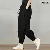 【AMIEE】甜酷鹽系休閒縮口工裝褲(2色/M-3XL/KDPQ-6118) 3XL 黑色