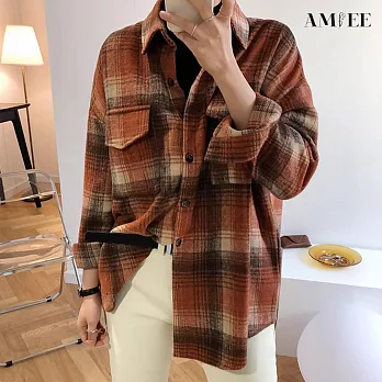 【AMIEE】溫暖磨毛棉格子襯衫外套(磚橘色/S-XL/KDCQ-3863) L 磚橘色