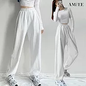 【AMIEE】休閒高腰寬鬆直筒縮口棉褲(4色/M-2XL/KDPQ-215) 2XL 白色
