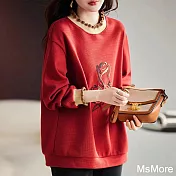 【MsMore】 紅色半高領法式寬鬆大碼慵懶風刺繡長袖短版上衣# 120296 XL 橘紅色