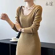 [衣途]保暖純色U領顯瘦針織洋裝FREE(KDDQ-B299) F 駝色