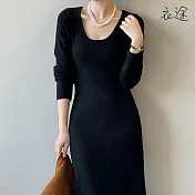 [衣途]保暖純色U領顯瘦針織洋裝FREE(KDDQ-B299) F 黑色
