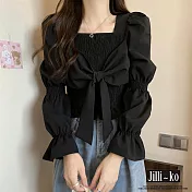 【Jilli~ko】法式設計感方領襯衫女蝴蝶結長袖短上衣 J11319  FREE 黑色