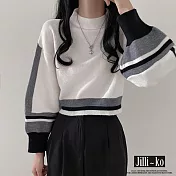 【Jilli~ko】拼色短款套頭毛衣女圓領籠袖針織衫 J11277  FREE 白色