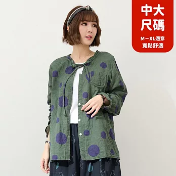 【慢。生活】日系點點繫帶荷葉領雙層棉紗襯衫外套中大尺碼 7732  FREE 綠色