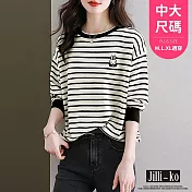【Jilli~ko】條紋寬鬆針織衫女兔子圖案長袖T恤中大尺碼 J11363  FREE 黑色