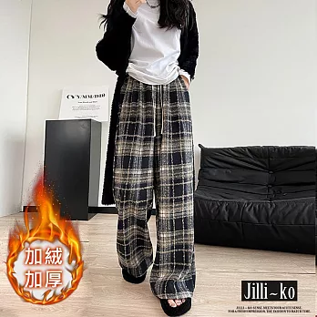 【Jilli~ko】加絨加厚毛呢格子褲女高腰顯瘦休閒直筒褲 J11331  FREE 黑色