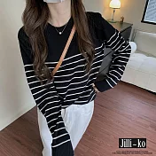 【Jilli~ko】條紋寬鬆針織衫女法式經典長袖T恤 J11374  FREE 黑色