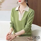【初色】秋季翻領針織薄款長袖上衣-共3色-31400(F可選) F 綠色