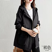 【初色】秋季時尚修身收腰長袖風衣外套-共2色-31692(M-2XL可選) M 黑色