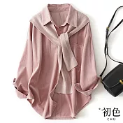 【初色】日系簡約寬鬆披肩休閒長袖襯衫上衣-共3色-31661(M-2XL可選) XL 粉色