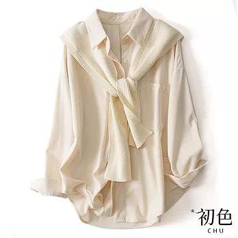 【初色】日系簡約寬鬆披肩休閒長袖襯衫上衣-共3色-31661(M-2XL可選) M 米白色