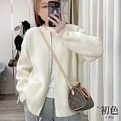 【初色】純色韓版寬鬆圓領口袋開衫長袖毛衣針織外套-共6色-31699(F可選) F 白色