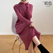 【初色】半高領針織連身中長裙長袖洋裝-共4色-31649(F可選) F 紫紅色