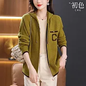【初色】休閒寬連帽拉鏈毛衣針織開衫長袖外套-共4色-31653(F可選) F 黃綠色