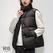 【初色】立領寬鬆大口袋保暖羽絨棉背心外套-共5色-66322(F可選) F 黑色