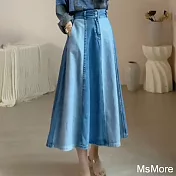 【MsMore】 顯瘦後鬆緊高腰中長撞色牛仔裙# 120364 M 藍色