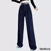 【MsMore】 高腰ins設計感街頭潮流直筒寬鬆顯瘦拖地牛仔褲# 120366 M 藍色