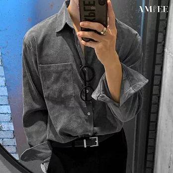 【AMIEE】日系燈芯絨復古長袖襯衫(男裝/KDTQ-601) M 灰色
