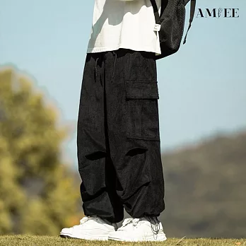 【AMIEE】日系燈芯絨復古工裝褲(男裝/KDPQ-D04) M 黑色