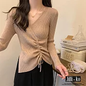 【Jilli~ko】V領抽繩不規則針織衫女內搭設計感上衣 J11290  FREE 淺卡