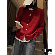 【Jilli~ko】小貓刺繡圓領排扣疊穿休閒針織開衫外套 J11324  FREE 紅色