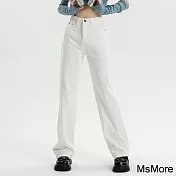 【MsMore】 白色闊腿牛仔褲高腰時尚直筒寬鬆闊腿拖地長褲# 120300 M 白色