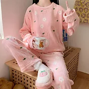 【EZlife】珊瑚絨法蘭絨可愛長款家居套裝 粉色桃子