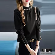 【Jilli~ko】荷葉高領釘珠設計感鏤空長袖針織衫 J11371  FREE 黑色