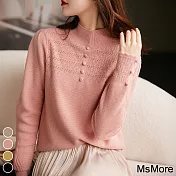 【MsMore】 優雅知性甜美鏤空半高領羊絨感針織短版毛衣長袖上衣# 120131 FREE 粉紅色