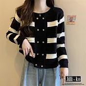 【Jilli~ko】法式小香風圓領撞色條紋雙排扣針織衫 J11386  FREE 黑色