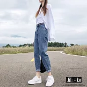 【Jilli~ko】可調節高腰寬鬆牛仔蘿蔔直筒褲 M-2XL J11000 L 藍色