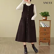 【AMIEE】燈芯絨無袖排扣背心連身洋裝(4色/M-3XL/KDDQ-8386) M 咖啡色
