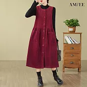 【AMIEE】燈芯絨無袖排扣背心連身洋裝(4色/M-3XL/KDDQ-8386) M 紅色