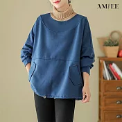 【AMIEE】撞色拼接高領加厚衛衣(藍色/L-XL/KDTQ-8769) XL 藍色