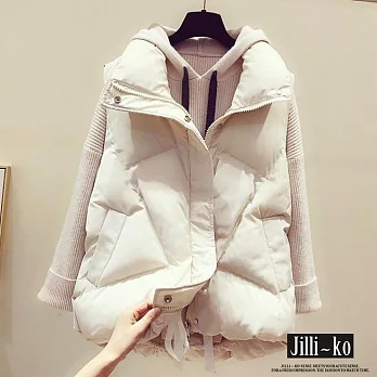 【Jilli~ko】羽絨棉馬甲女幾何格時尚保暖立領背心 J11583  FREE 白色